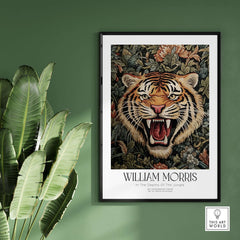 William Morris Prints - Exhibition Poster - Jungle Tiger featuring a roaring tiger surrounded by lush foliage and flowers.