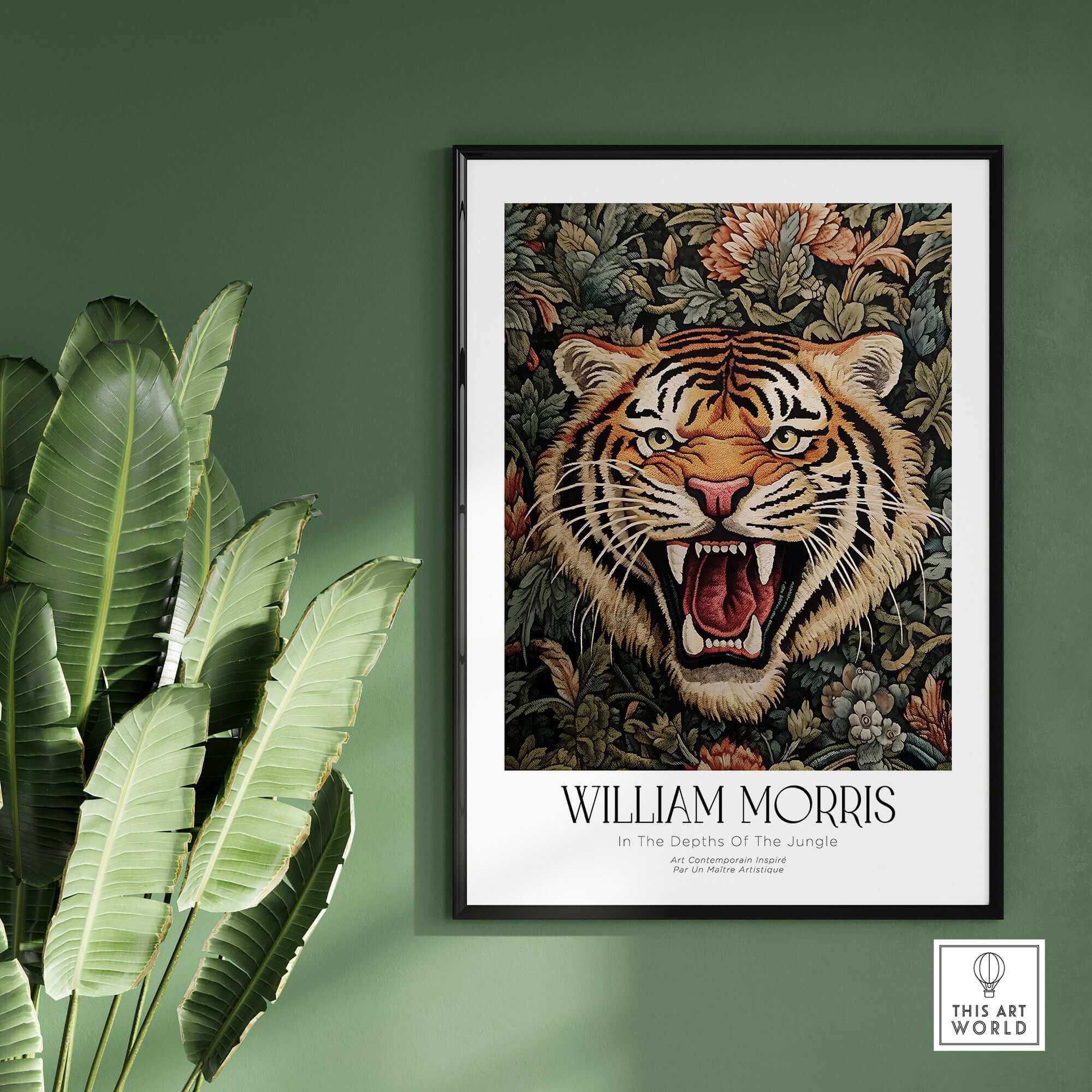William Morris Prints - Exhibition Poster - Jungle Tiger featuring a roaring tiger surrounded by lush foliage and flowers.