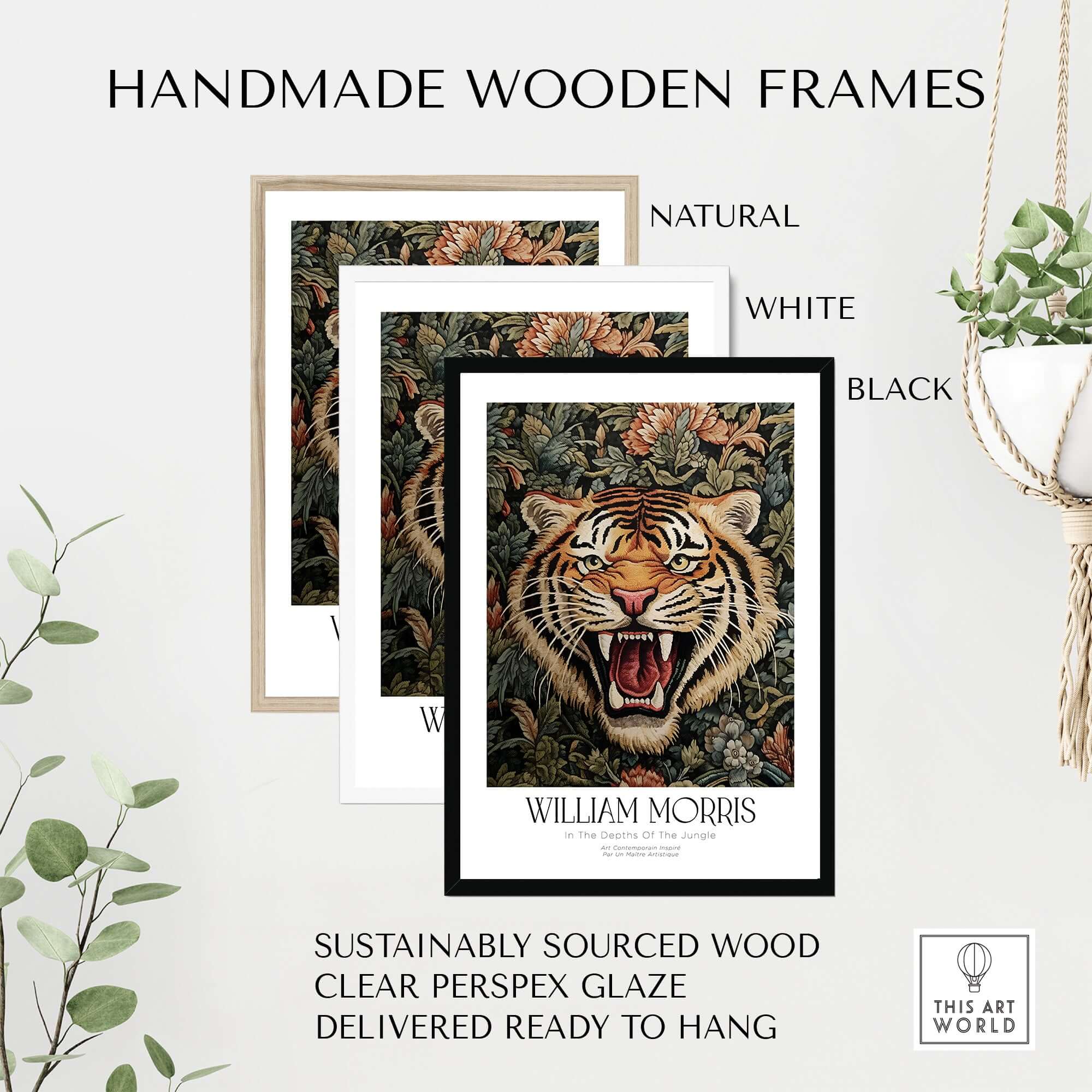 William Morris Prints - Exhibition Poster - Jungle Tiger in handmade wooden frames including natural, white, and black options.