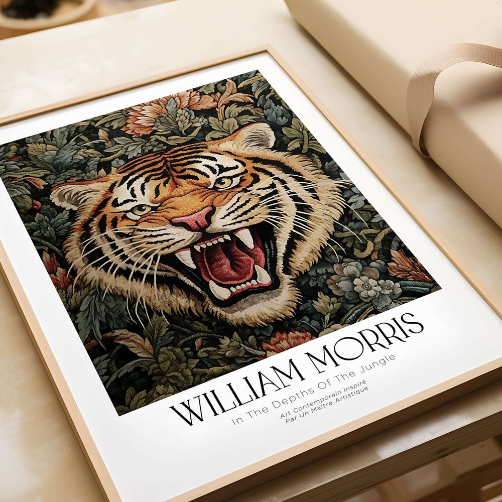 William Morris Prints - Exhibition Poster - Jungle Tiger artwork featuring a roaring tiger surrounded by lush jungle foliage.