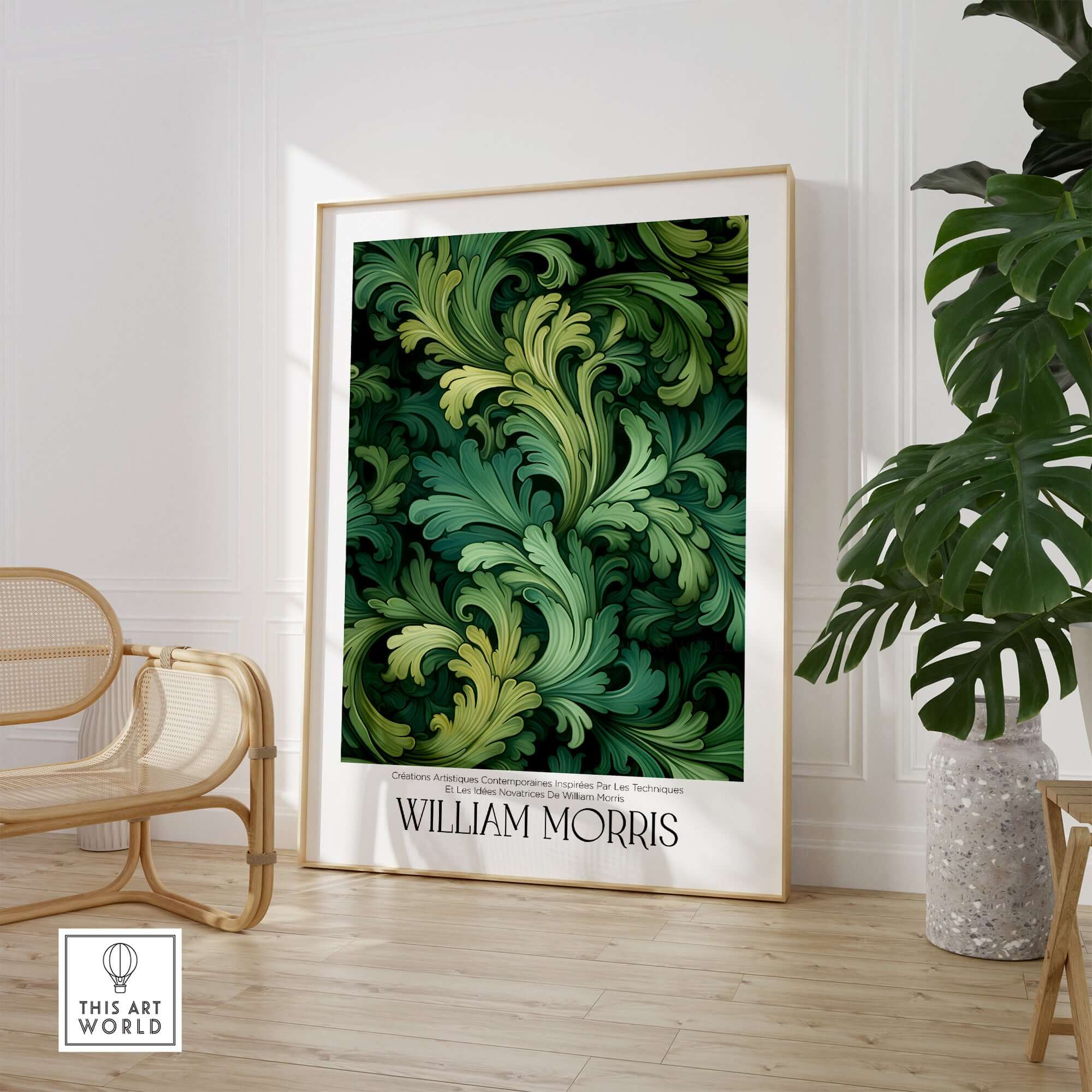 William Morris Prints - Green Acanthus Swirl Pattern Art Print - Botanical Foliage Poster in elegant home setting