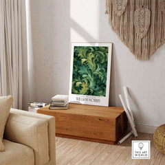 William Morris Prints - Green Acanthus Swirl Pattern Art Print - Botanical Foliage Poster displayed in a stylish living room.