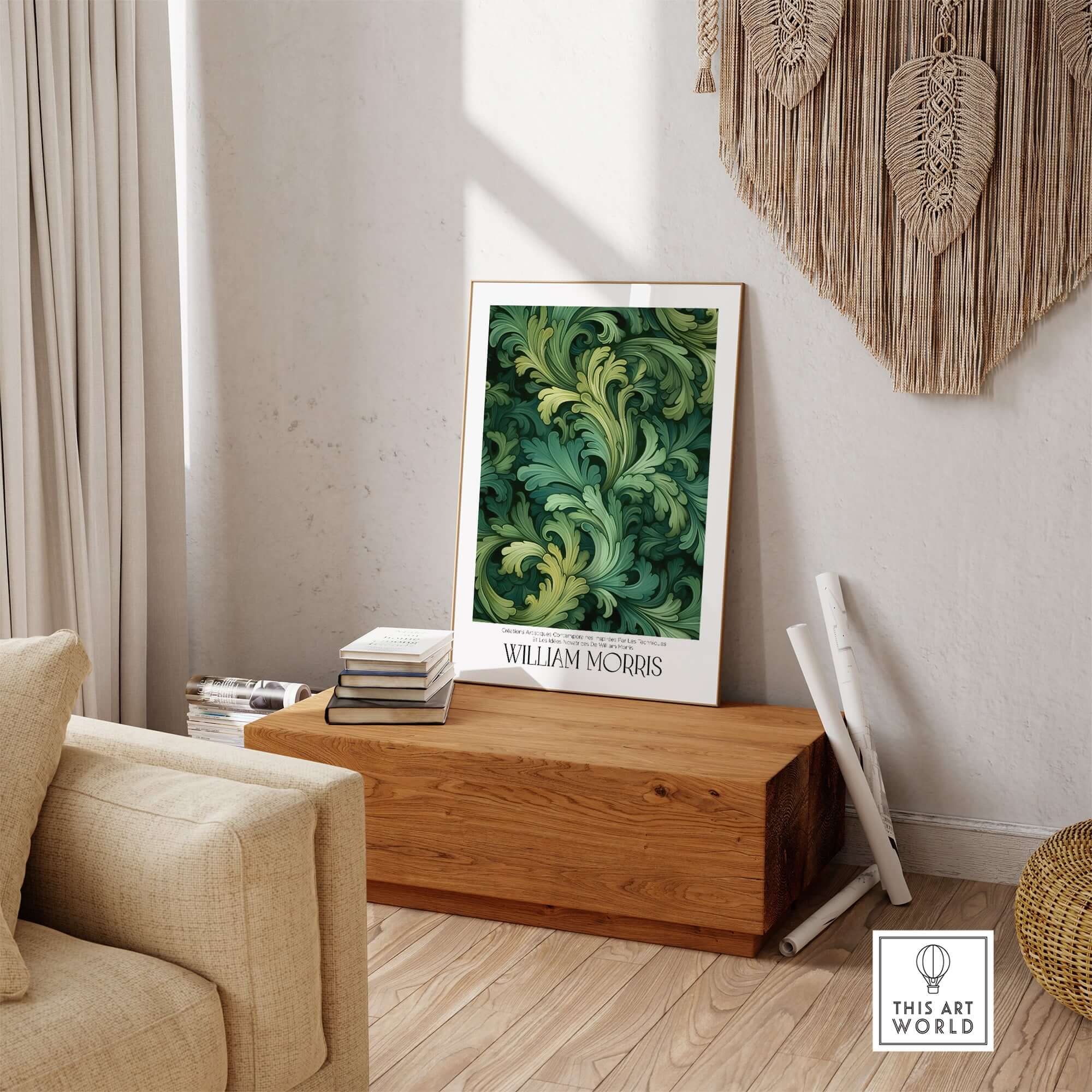 William Morris Prints - Green Acanthus Swirl Pattern Art Print - Botanical Foliage Poster displayed in a stylish living room.