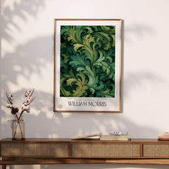 William Morris Prints - Green Acanthus Swirl Pattern Art Print - Botanical Foliage Poster displayed in a stylish interior setting.