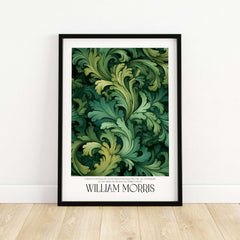 William Morris Prints - Green Acanthus Swirl Pattern Art Print - Botanical Foliage Poster framed in a stylish interior setting.
