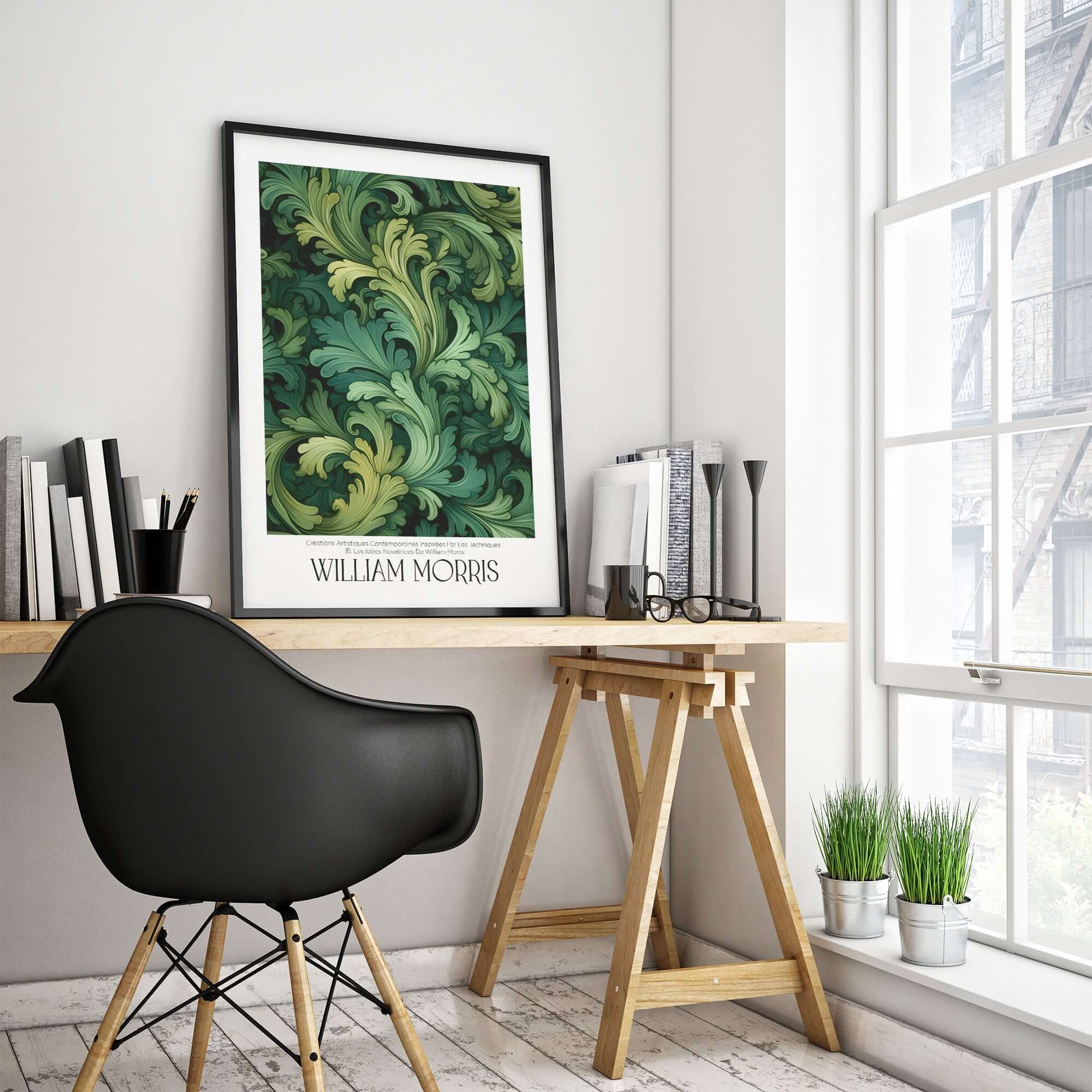 William Morris Prints - Green Acanthus Swirl Pattern Art Print - Botanical Foliage Poster displayed in a stylish interior.