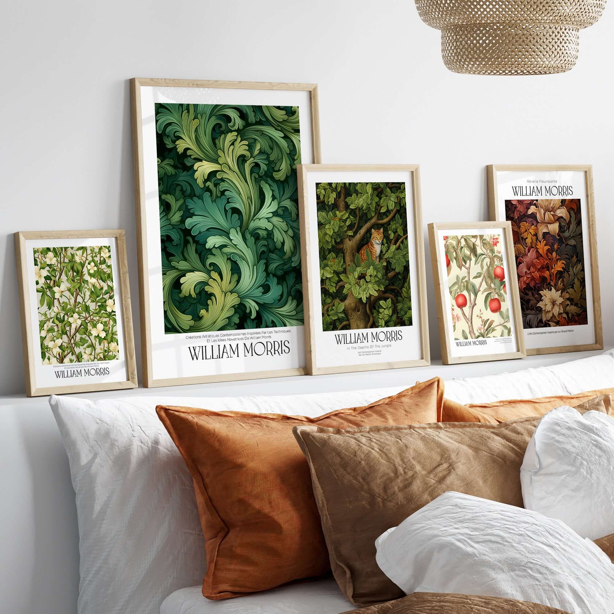 William Morris Prints - Green Acanthus Swirl Pattern Art Print - Botanical Foliage Poster displayed on a stylish shelf.