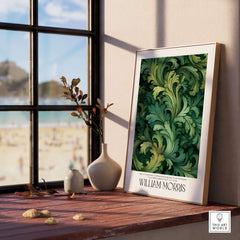 William Morris Prints - Green Acanthus Swirl Pattern Art Print - Botanical Foliage Poster displayed in a sunlit room.