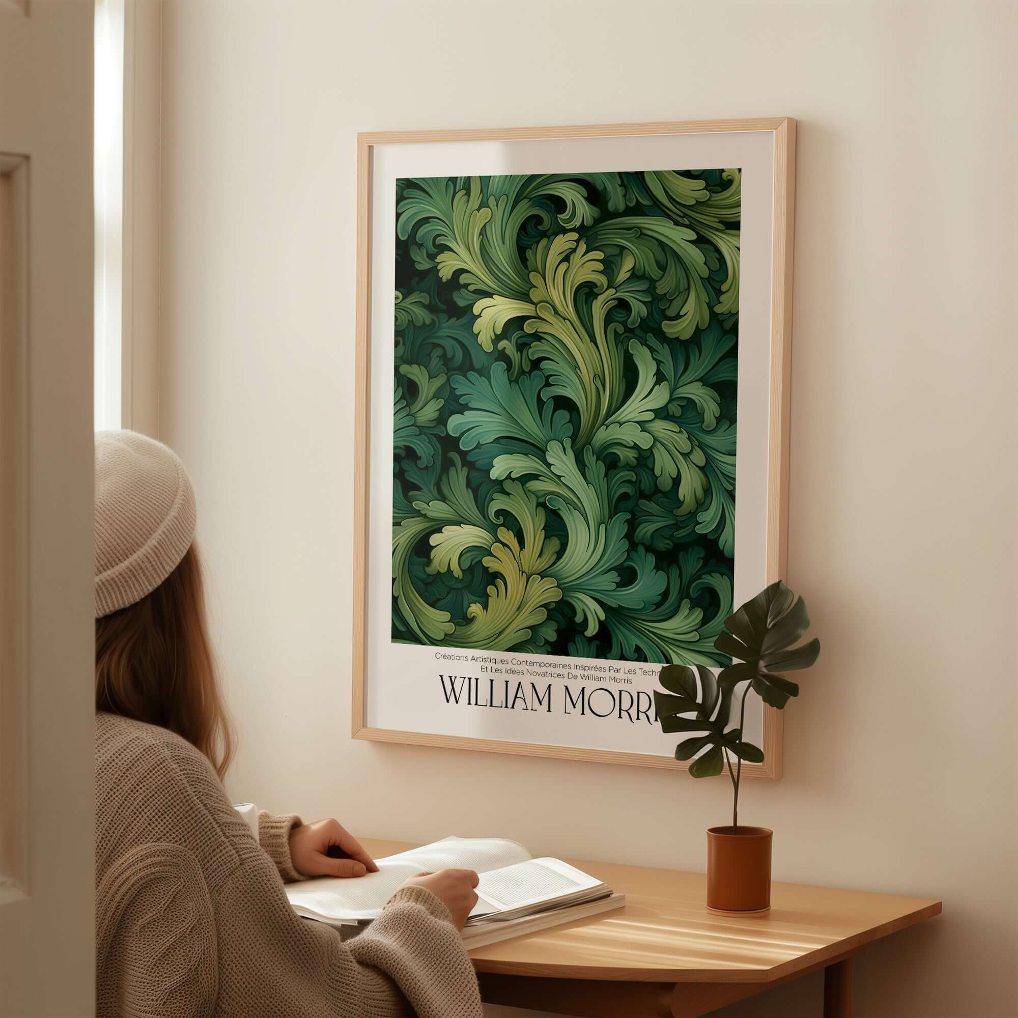 William Morris Prints - Green Acanthus Swirl Pattern Art Print - Botanical Foliage Poster displayed on a wall.