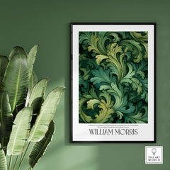 William Morris Prints - Green Acanthus Swirl Pattern Art Print - Botanical Foliage Poster displayed in a modern indoor setting.
