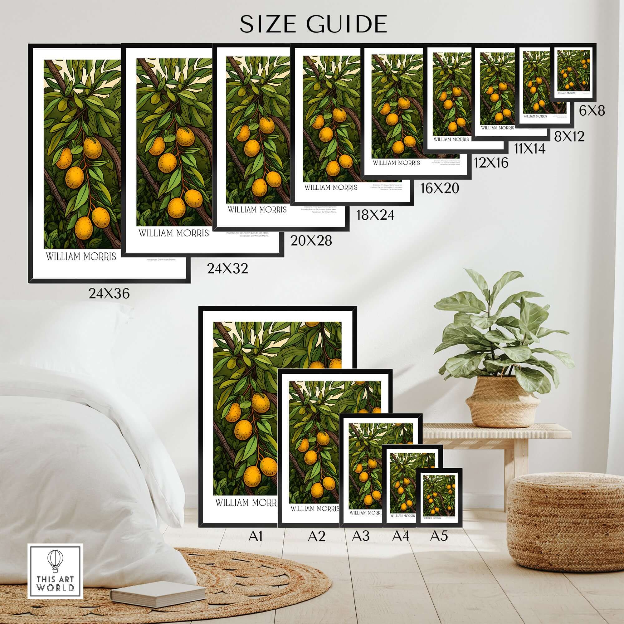 William Morris Prints - Illustrated Orange Tree Art Print - Botanical Fruit Poster size guide with various print dimensions.