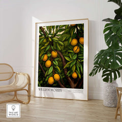 William Morris Prints - Illustrated Orange Tree Art Print - Botanical Fruit Poster displayed in a chic interior with green leaves.