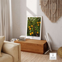 William Morris Prints - Illustrated Orange Tree Art Print - Botanical Fruit Poster displayed in a stylish home setting.