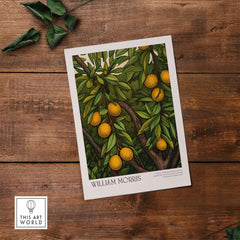 William Morris Prints - Illustrated Orange Tree Art Print - Botanical Fruit Poster featuring vibrant orange fruits and green foliage.