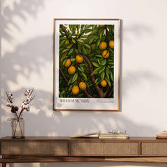 William Morris Prints - Illustrated Orange Tree Art Print - Botanical Fruit Poster displayed on a wall with greenery.