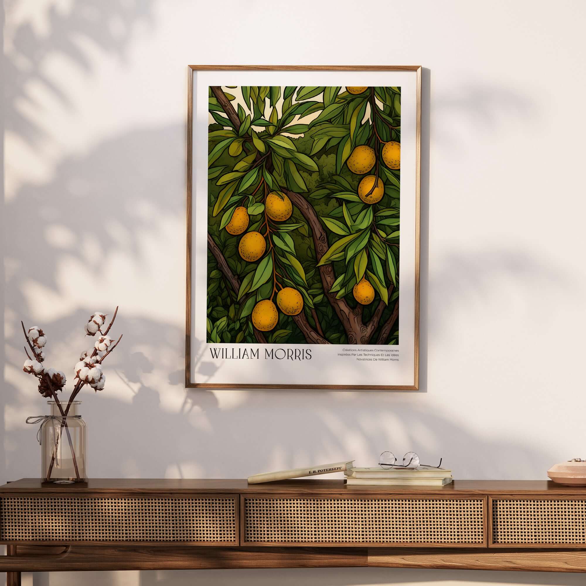 William Morris Prints - Illustrated Orange Tree Art Print - Botanical Fruit Poster displayed on a wall with greenery.