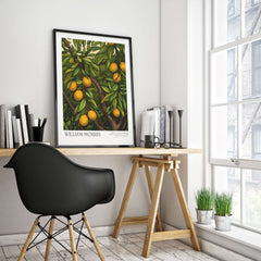 William Morris Prints - Illustrated Orange Tree Art Print - Botanical Fruit Poster displayed in a stylish workspace.