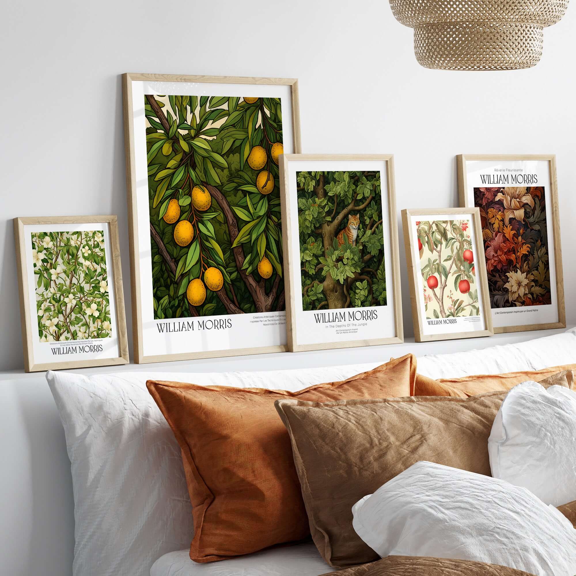 William Morris Prints - Illustrated Orange Tree Art Print - Botanical Fruit Poster displayed on a stylish sofa.