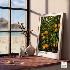William Morris Prints - Illustrated Orange Tree Art Print - Botanical Fruit Poster displayed by a window with beach view.