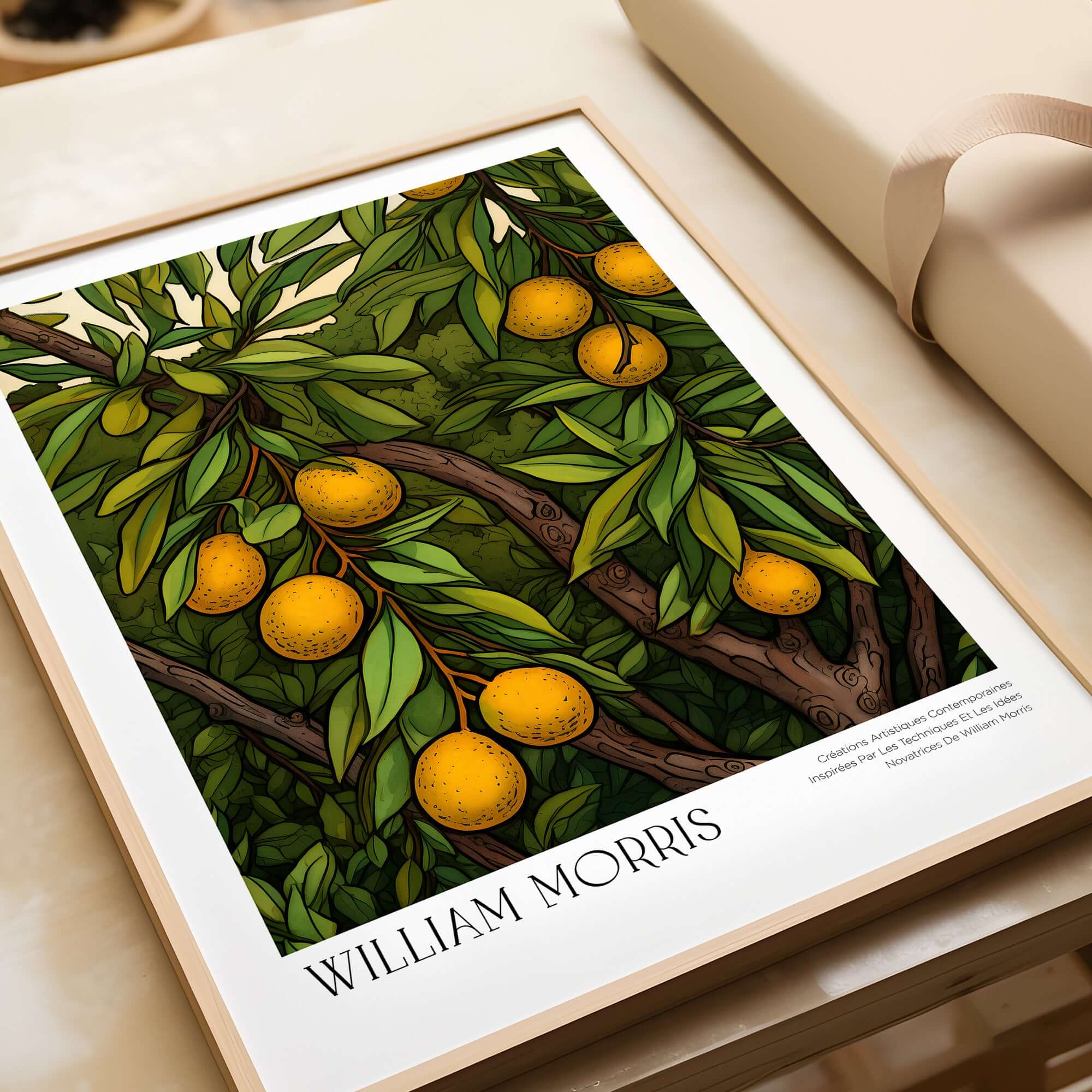 William Morris Prints - Illustrated Orange Tree Art Print - Botanical Fruit Poster featuring oranges and green leaves.