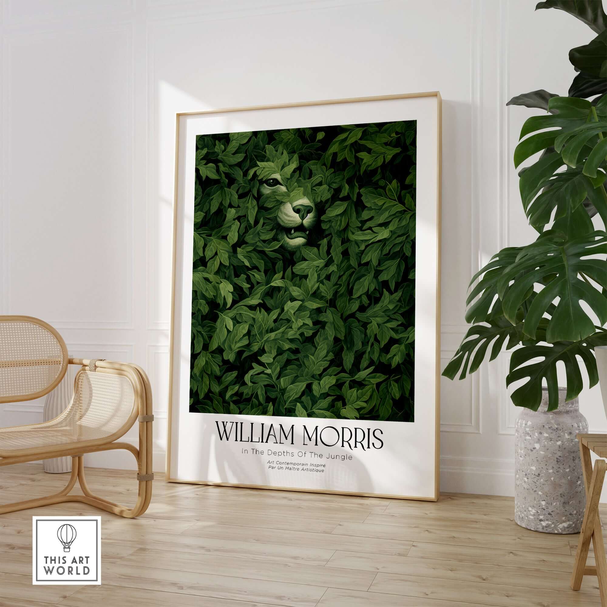 William Morris Prints - In the Depths of the Jungle Foliage Botanical Art Print featuring big cat hidden in green leaves.