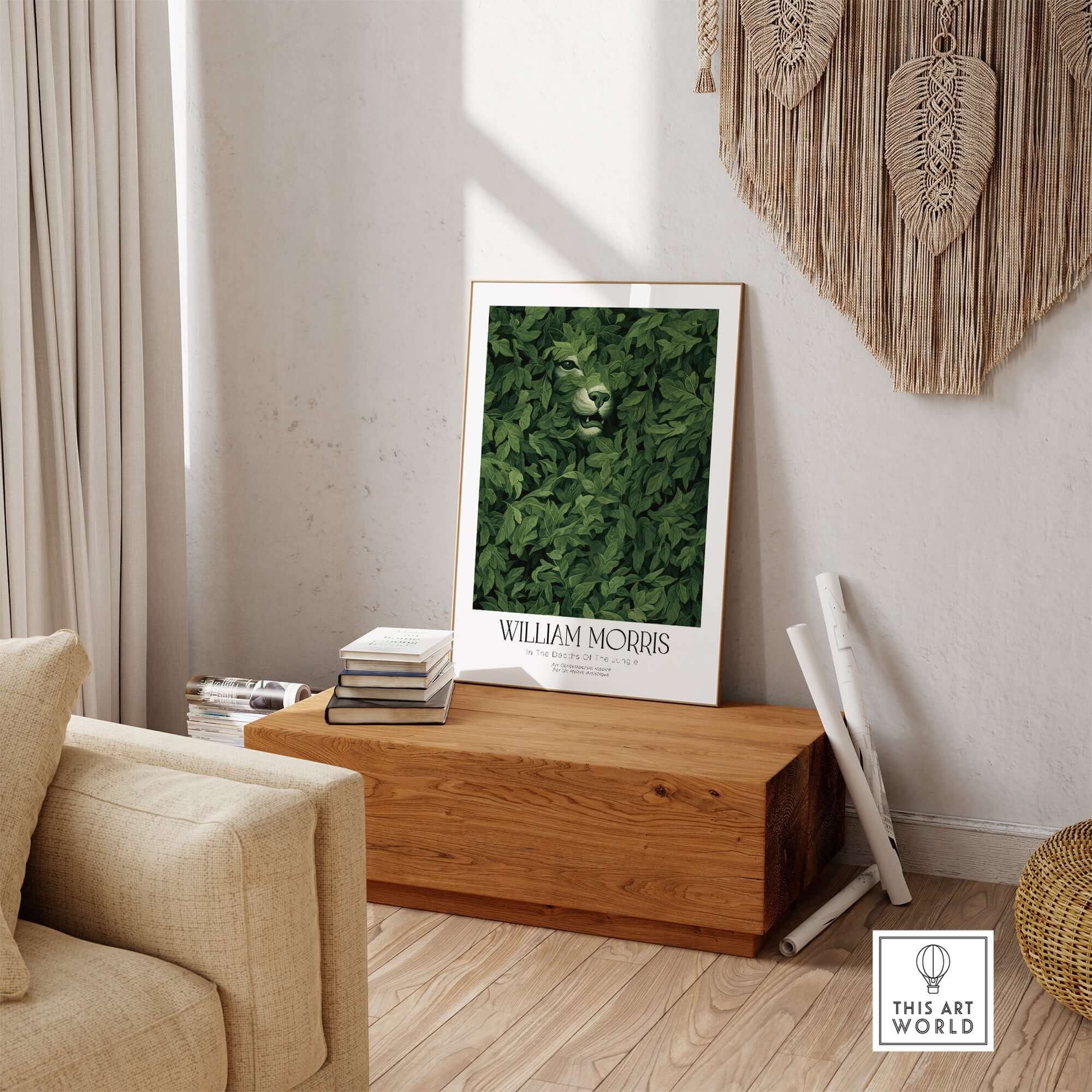 William Morris Prints - In the Depths of the Jungle Foliage Botanical Art Print displayed in a modern living room.