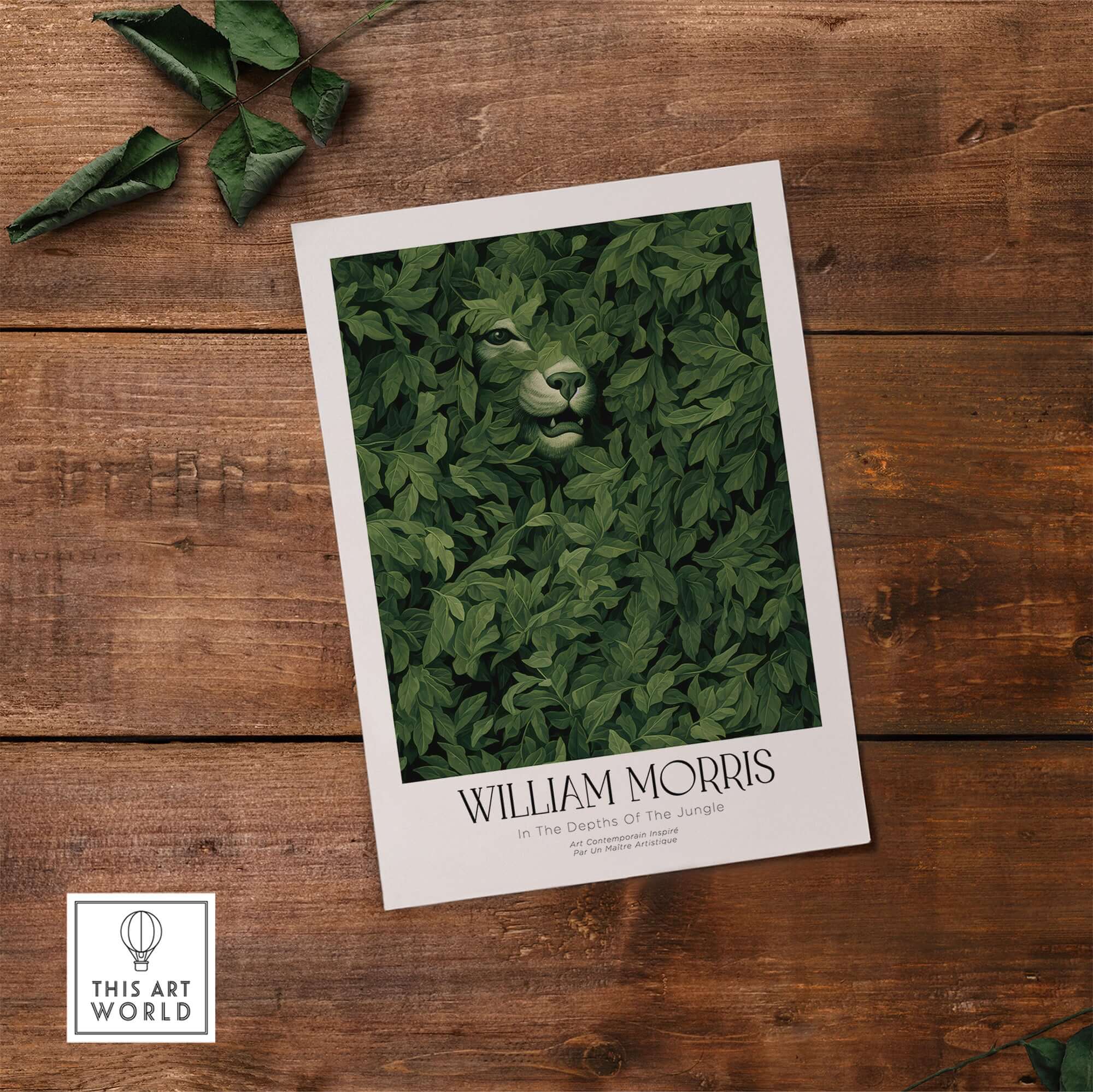 William Morris Prints - In the Depths of the Jungle Foliage Botanical Art Print featuring a big cat amid lush green leaves.