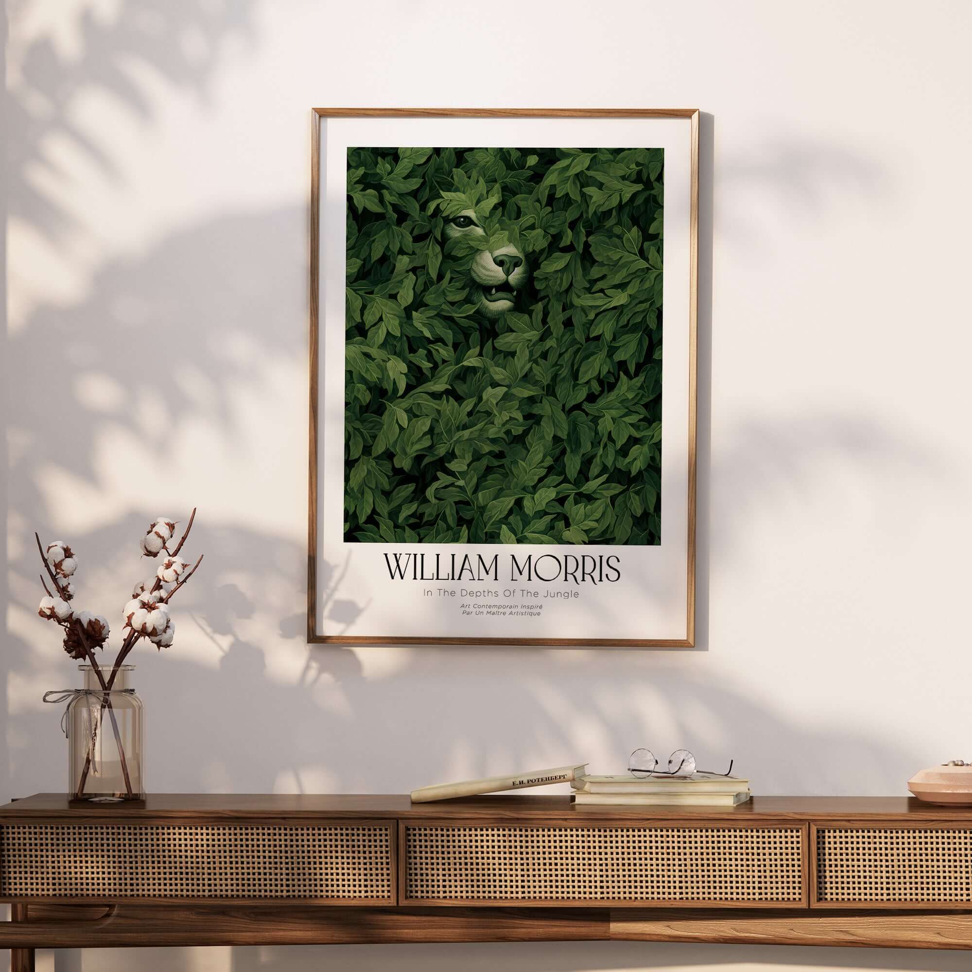 William Morris Prints - In the Depths of the Jungle Foliage Botanical Art Print featuring a big cat in lush green leaves.
