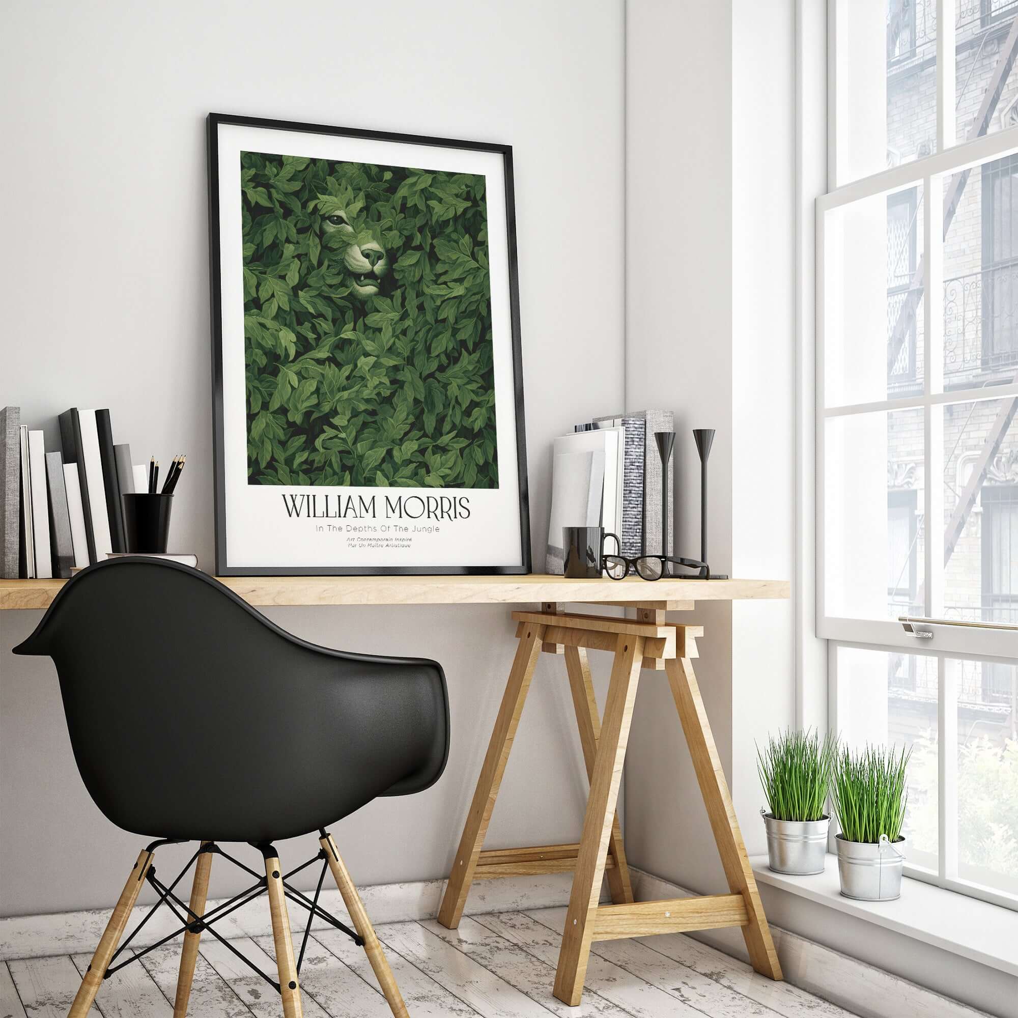 William Morris Prints - In the Depths of the Jungle Foliage Botanical Art Print displayed in a modern office setting.