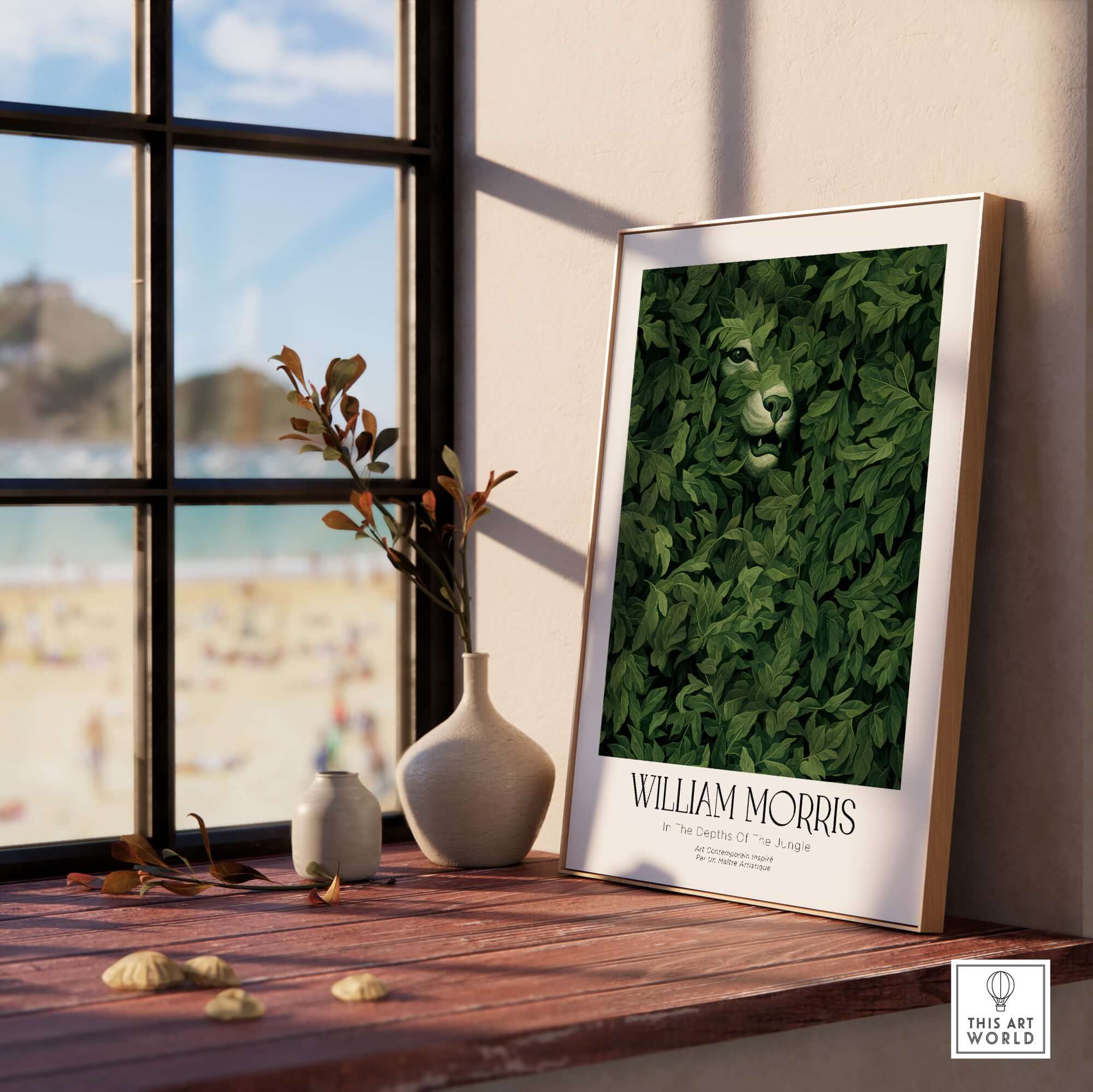 William Morris Prints - In the Depths of the Jungle Foliage Botanical Art Print displayed in a modern setting with green leaves.
