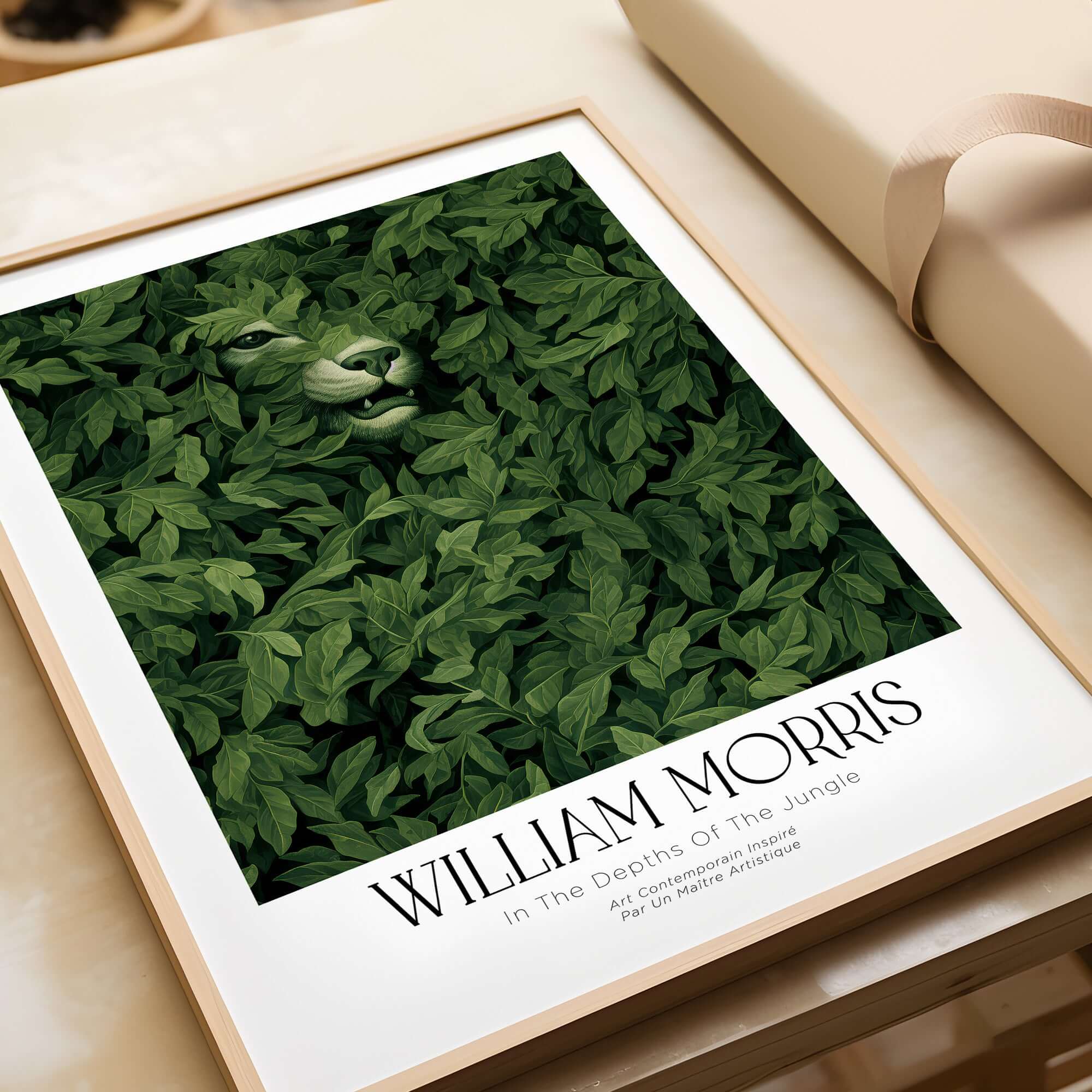 William Morris Prints - In the Depths of the Jungle Foliage Botanical Art Print featuring a big cat among lush green leaves.