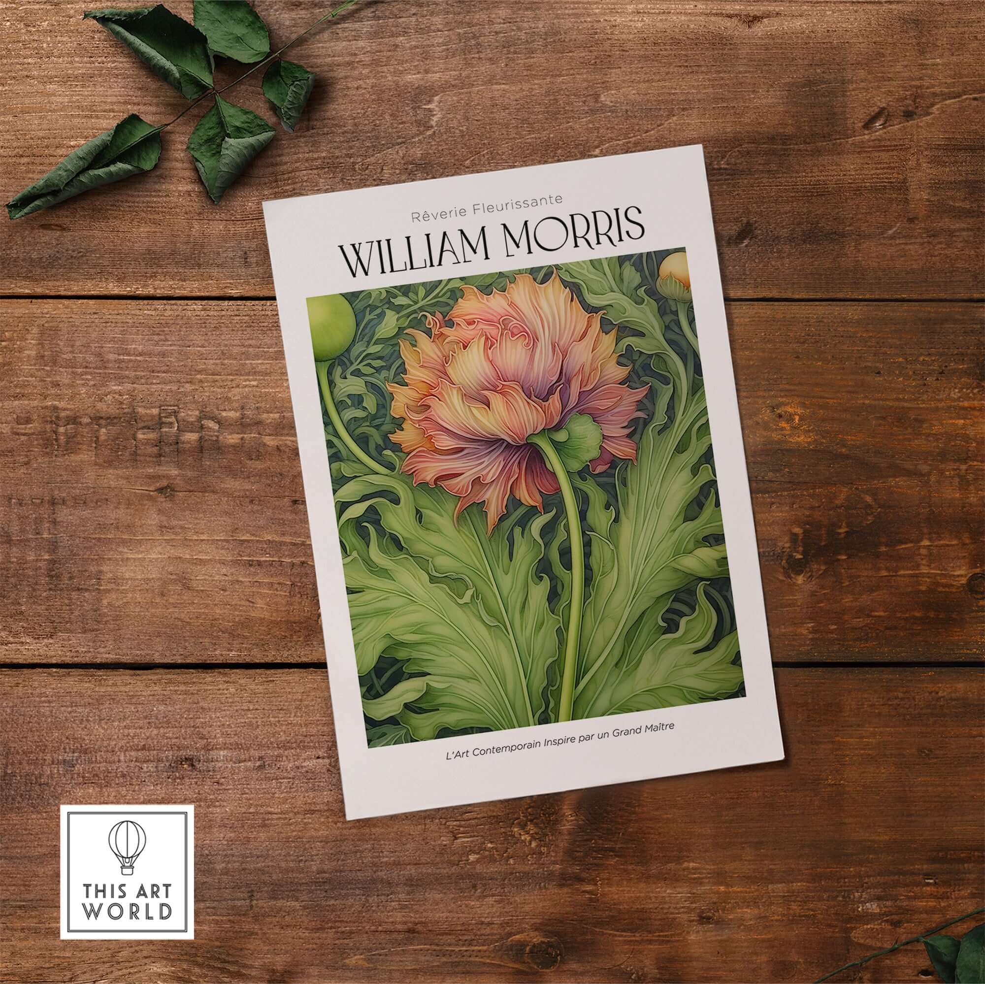 William Morris Prints - Large Floral Bloom Art Print - Botanical Poppy Poster on a wooden surface with green leaves.
