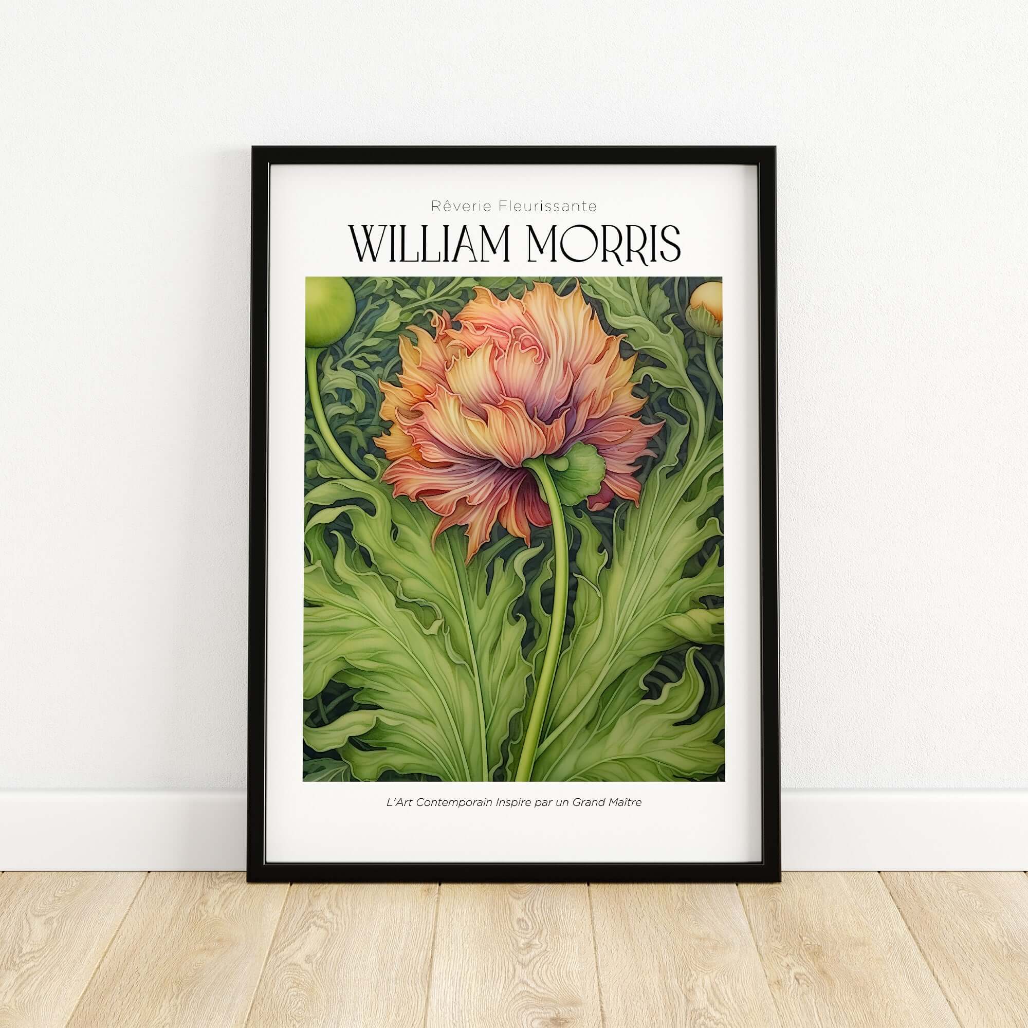 William Morris Prints - Large Floral Bloom Art Print - Botanical Poppy Poster featuring a vibrant flower in a green background.