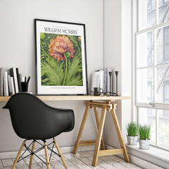 William Morris Prints - Large Floral Bloom Art Print - Botanical Poppy Poster displayed in a modern workspace.