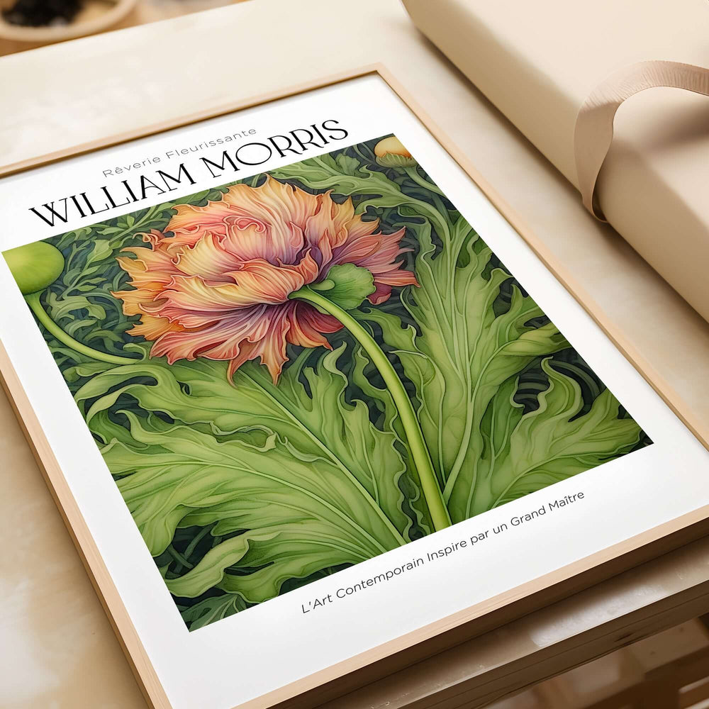 William Morris Prints - Large Floral Bloom Art Print - Botanical Poppy Poster showcased on a table with elegant framing.