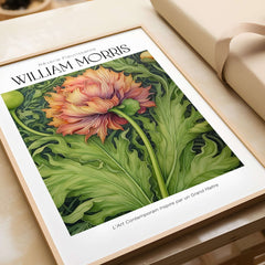 William Morris Prints - Large Floral Bloom Art Print - Botanical Poppy Poster showcased on a table with elegant framing.