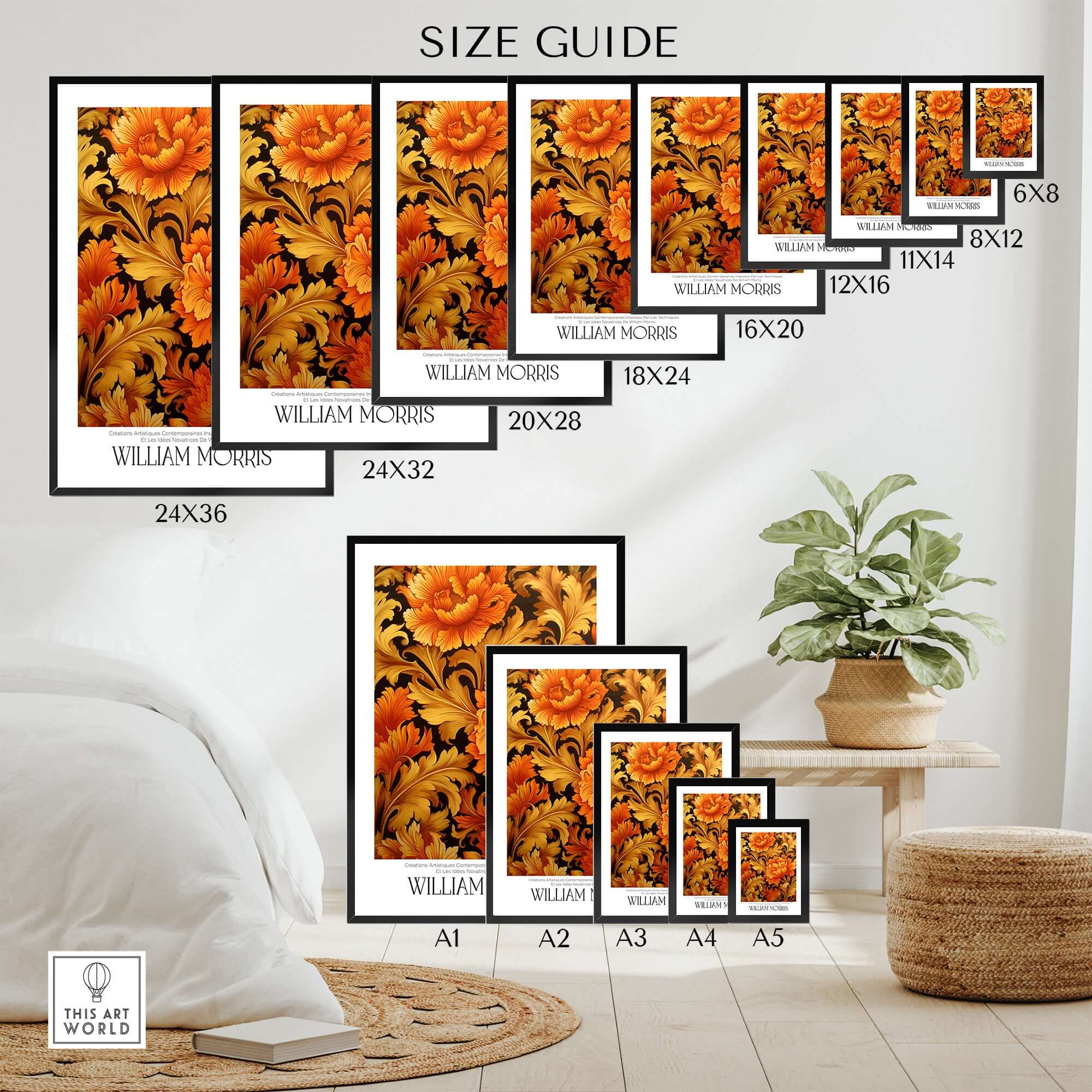 William Morris Prints - Orange Gold Floral Pattern Art Print - Dark Botanical Poster size guide showcasing various sizes.
