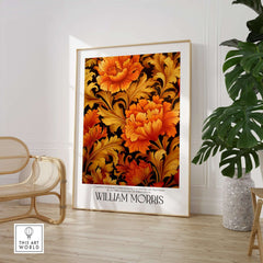 William Morris Prints - Orange Gold Floral Pattern Art Print - Dark Botanical Poster displayed in a stylish interior.