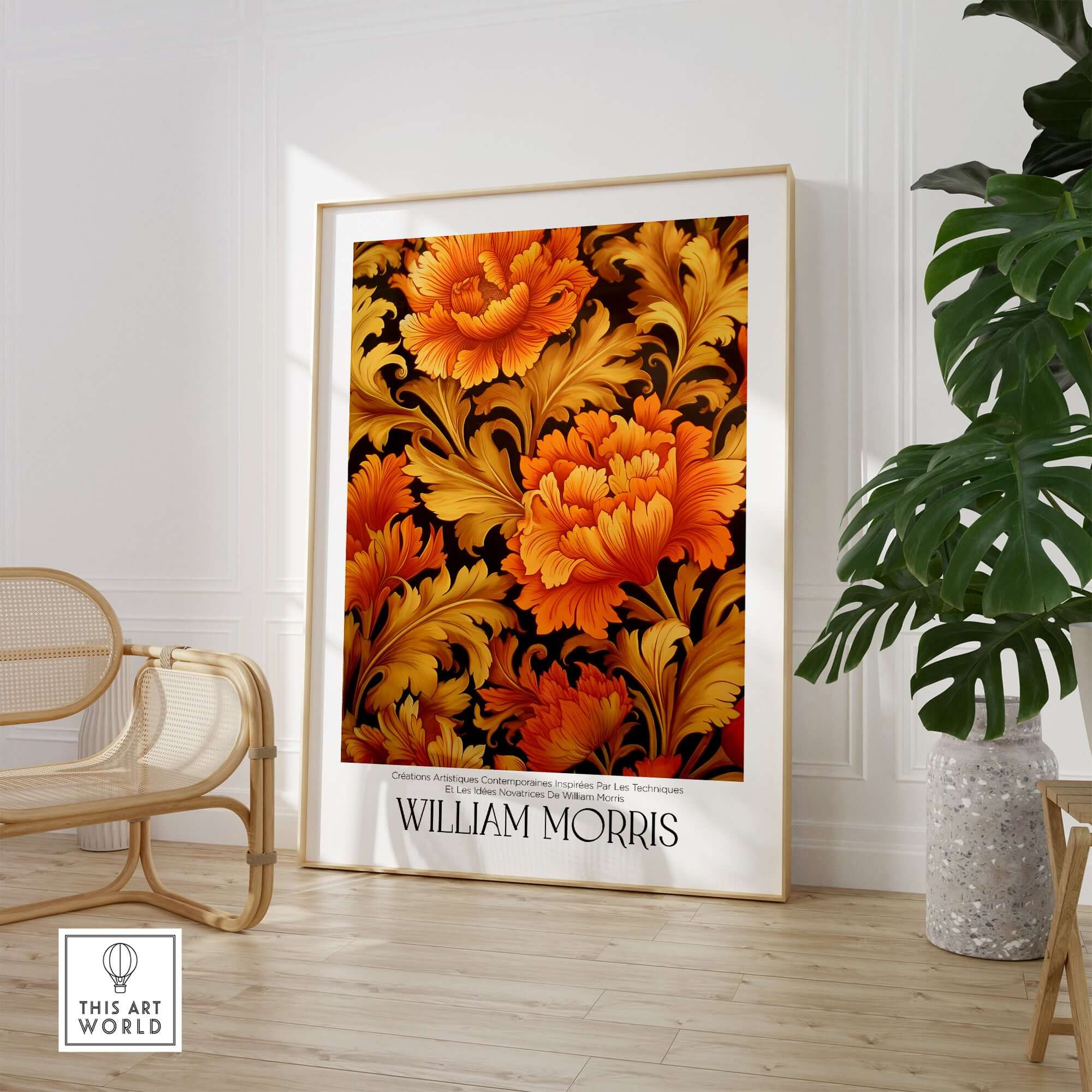 William Morris Prints - Orange Gold Floral Pattern Art Print - Dark Botanical Poster displayed in a stylish interior.