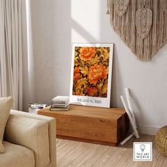 William Morris Prints - Orange Gold Floral Pattern Art Print - Dark Botanical Poster displayed in a modern living room.