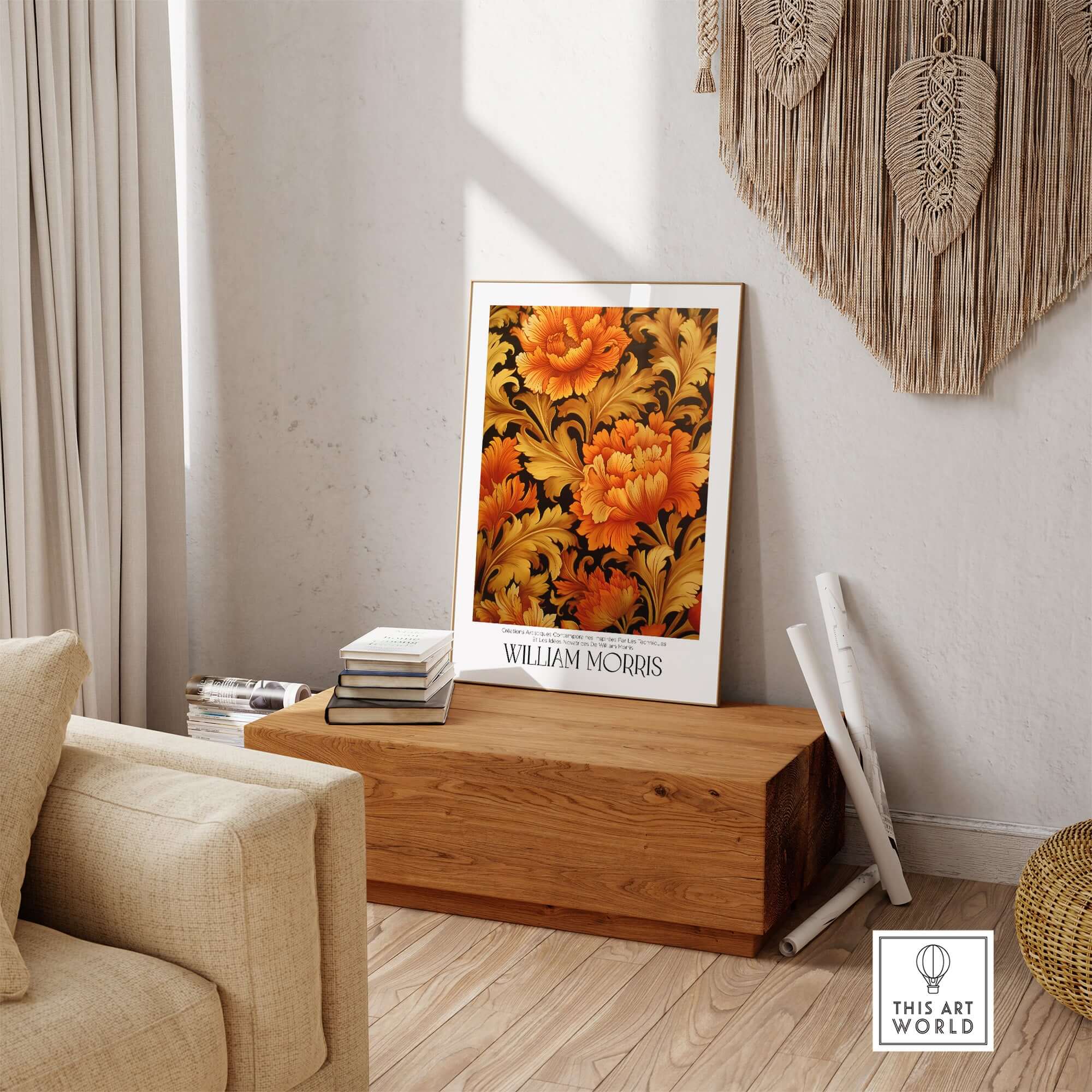 William Morris Prints - Orange Gold Floral Pattern Art Print - Dark Botanical Poster displayed in a modern living room.