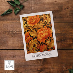 William Morris Prints - Orange Gold Floral Pattern Art Print - Dark Botanical Poster on wooden background.