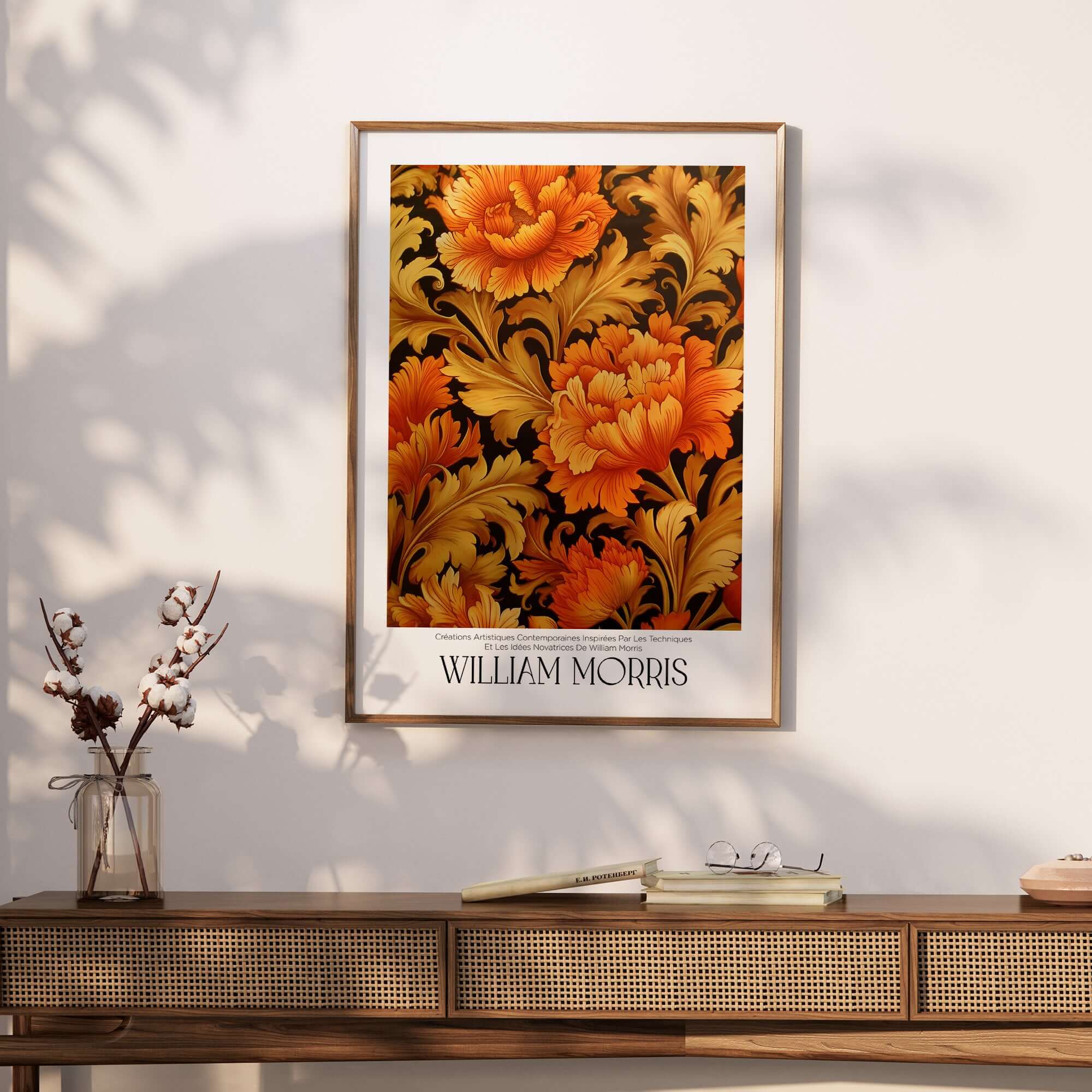 William Morris Prints - Orange Gold Floral Pattern Art Print - Dark Botanical Poster framed on a wall with floral design.
