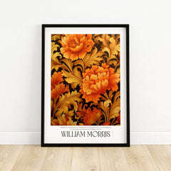 William Morris Prints - Orange Gold Floral Pattern Art Print - Dark Botanical Poster featuring vibrant orange blossoms.