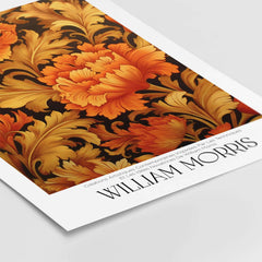 William Morris Prints - Orange Gold Floral Pattern Art Print - Dark Botanical Poster featuring intricate orange blossoms.