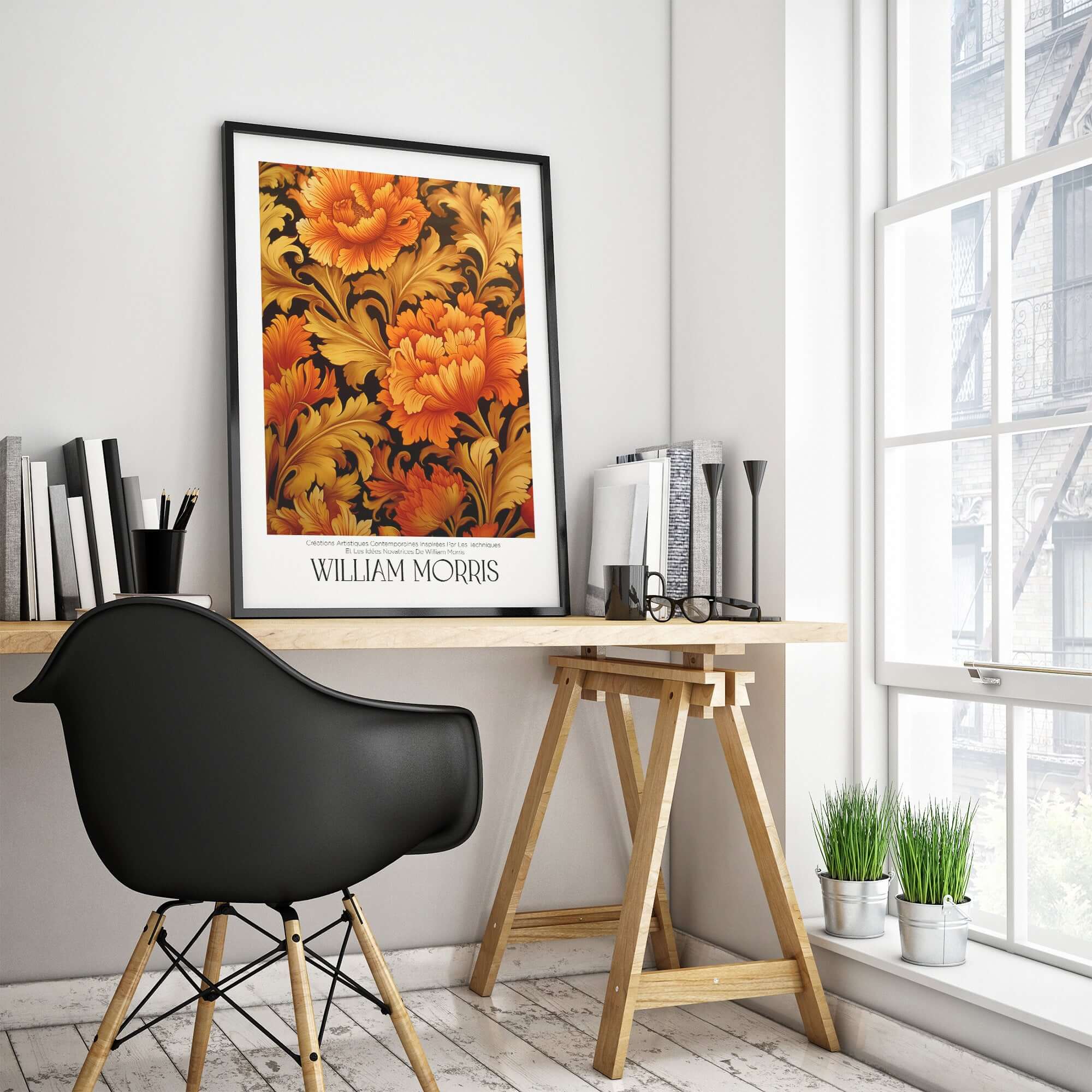 William Morris Prints - Orange Gold Floral Pattern Art Print - Dark Botanical Poster displayed in a stylish workspace.