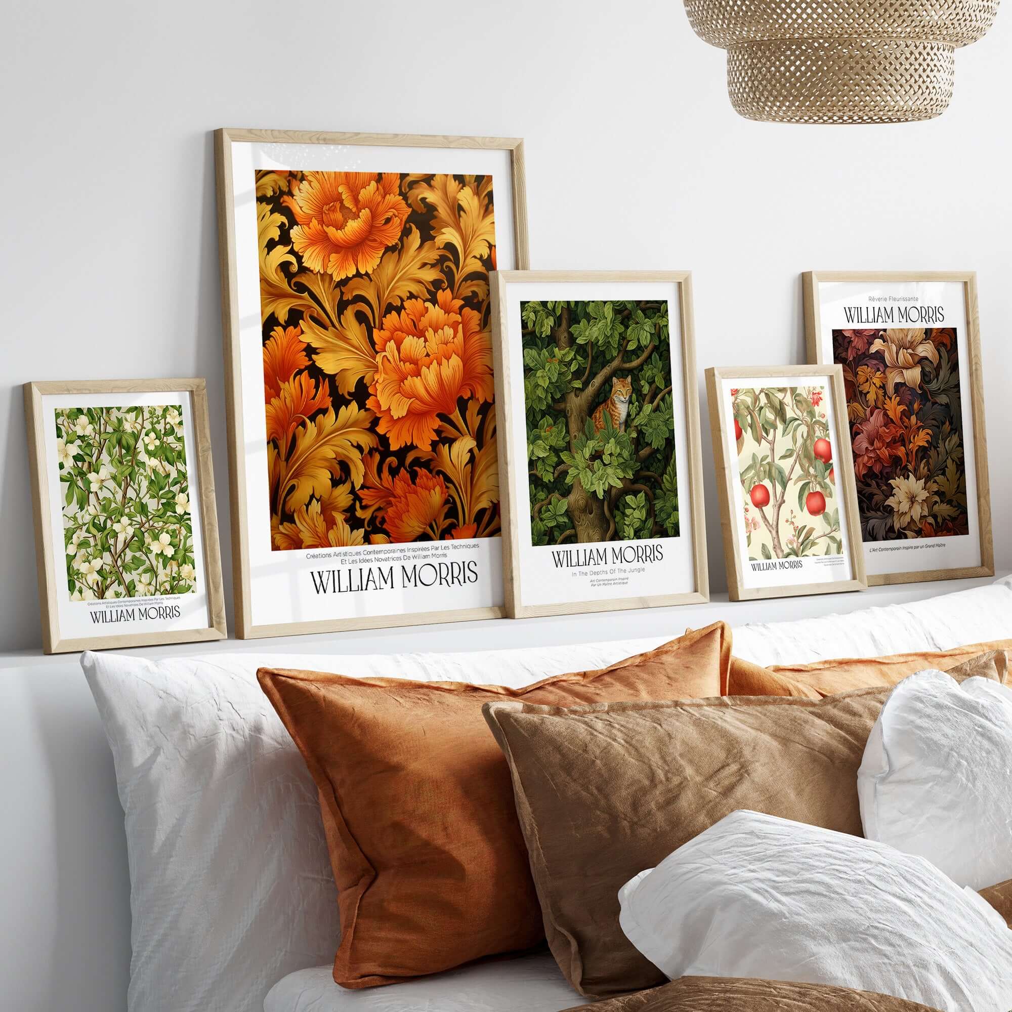 William Morris Prints - Orange Gold Floral Pattern Art Print - Dark Botanical Poster displayed on a shelf above decorative pillows.
