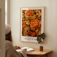 William Morris Prints - Orange Gold Floral Pattern Art Print - Dark Botanical Poster displayed in a cozy interior.