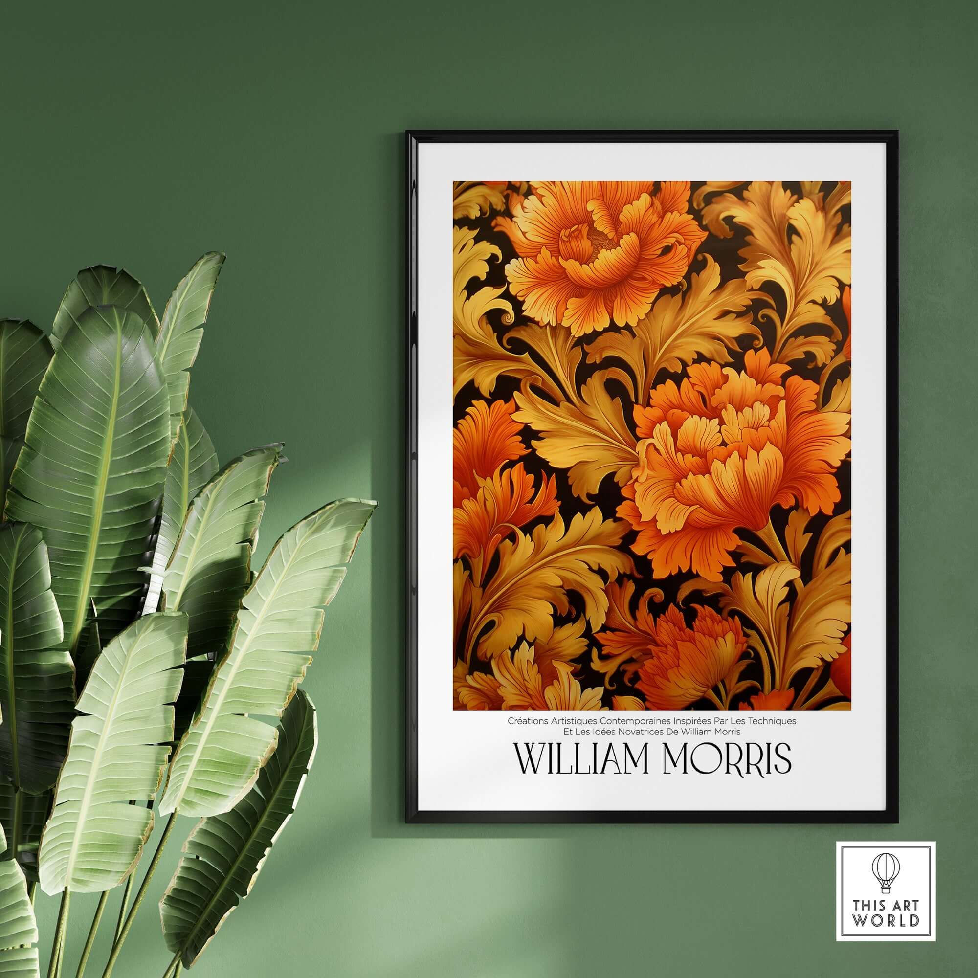 William Morris Prints - Orange Gold Floral Pattern Art Print - Dark Botanical Poster displayed in a stylish room.