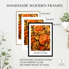 Handmade wooden frames for William Morris Prints - Orange Gold Floral Pattern Art Print - Dark Botanical Poster.